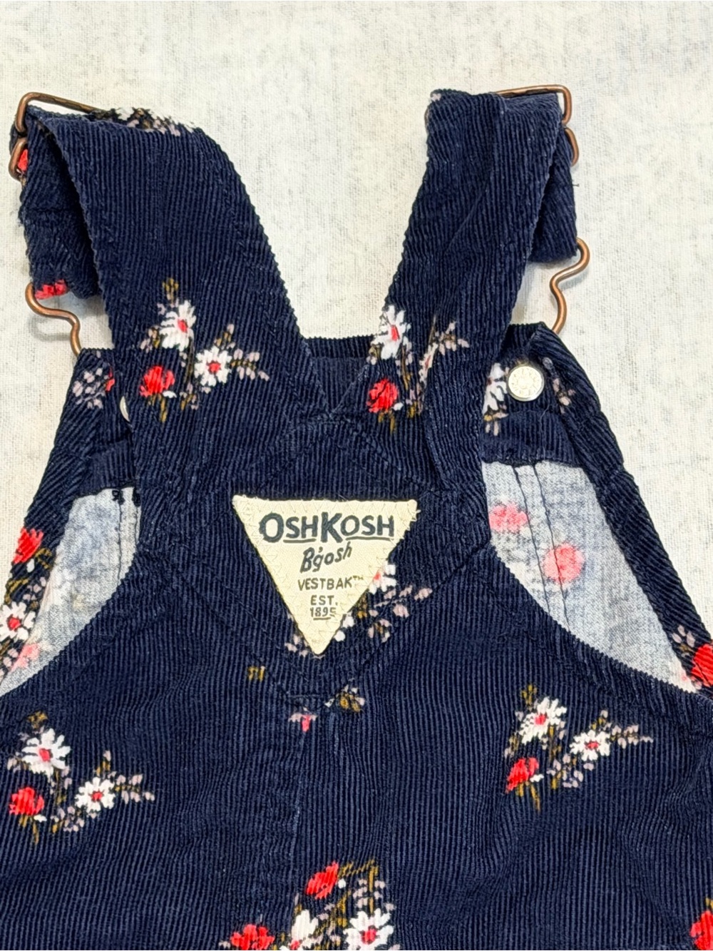 OshKosh B’gosh 9M Floral Corduroy Overalls Navy Snap Leg Baby Girls EUC - Picture 5 of 10